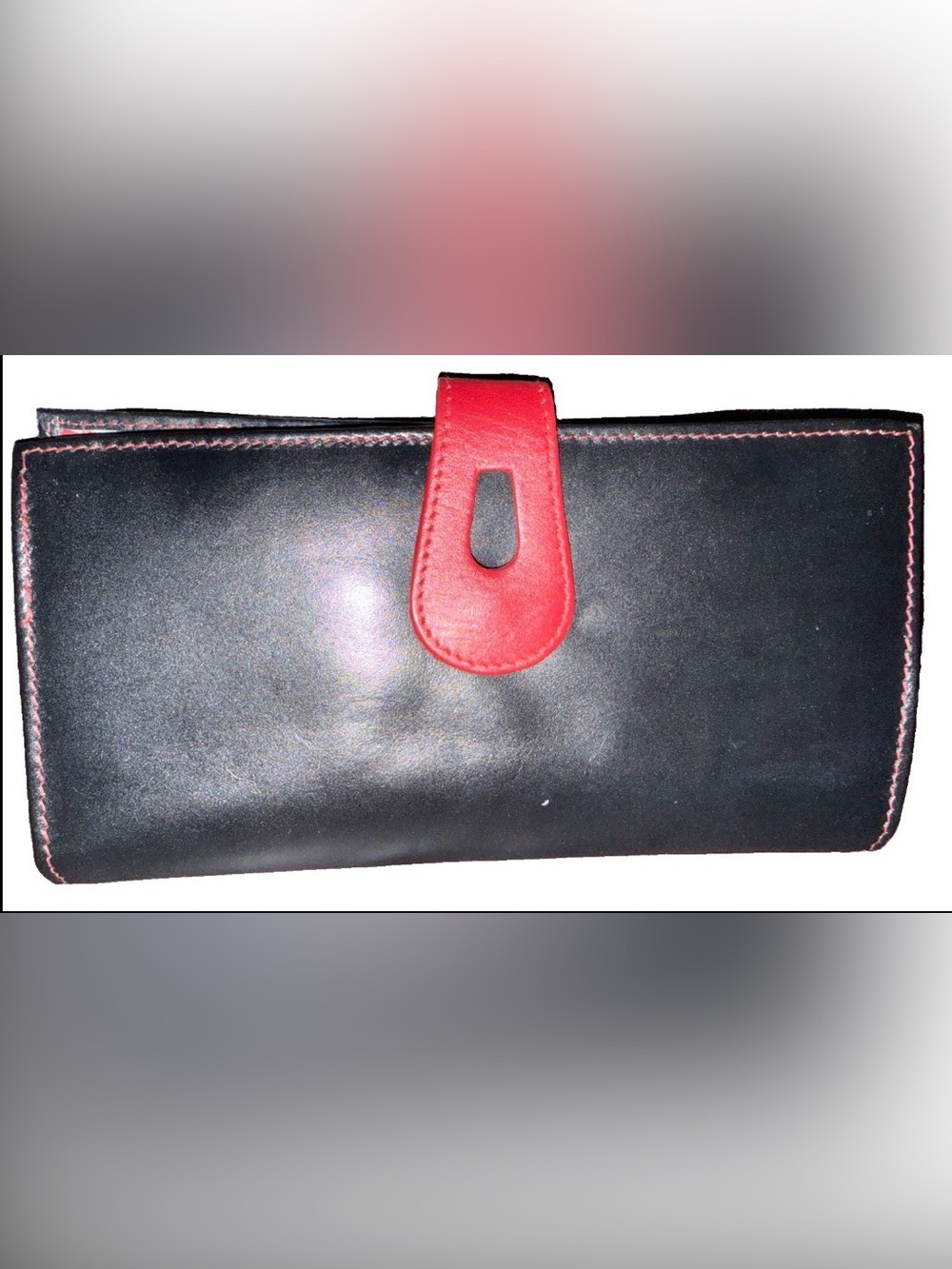 iLi New York Ladies Leather Clutch Wallet Black Red Cut Out Tab Snap Closure New